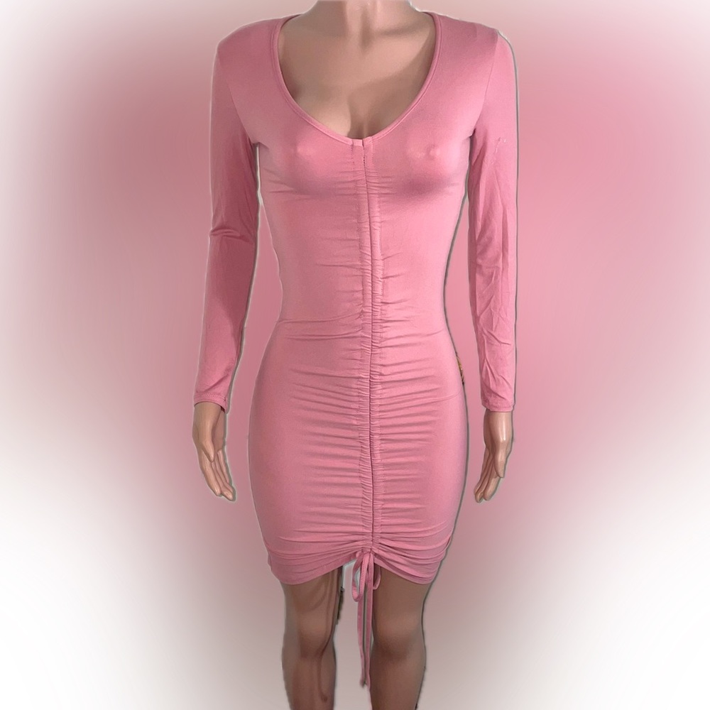Pretty Soft Long sleeve Drawstring Dress in Rose Pink